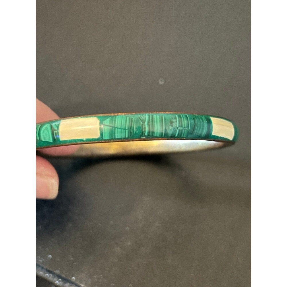 Vintage Brass Bangle Inlaid with Malachite & Bone